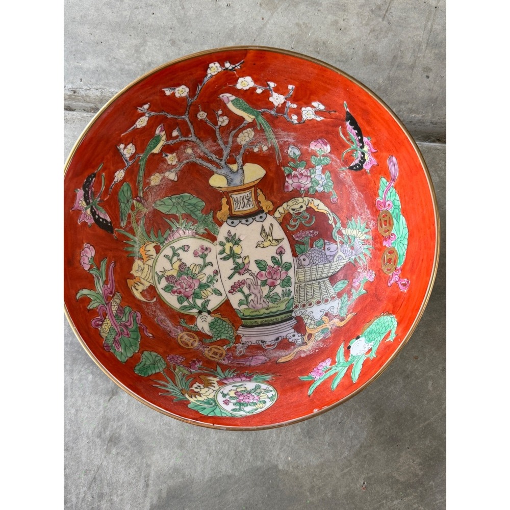Vintage Chinese Famille Rose Porcelain Bowl Large 14.5" Coral Red Hand Painted